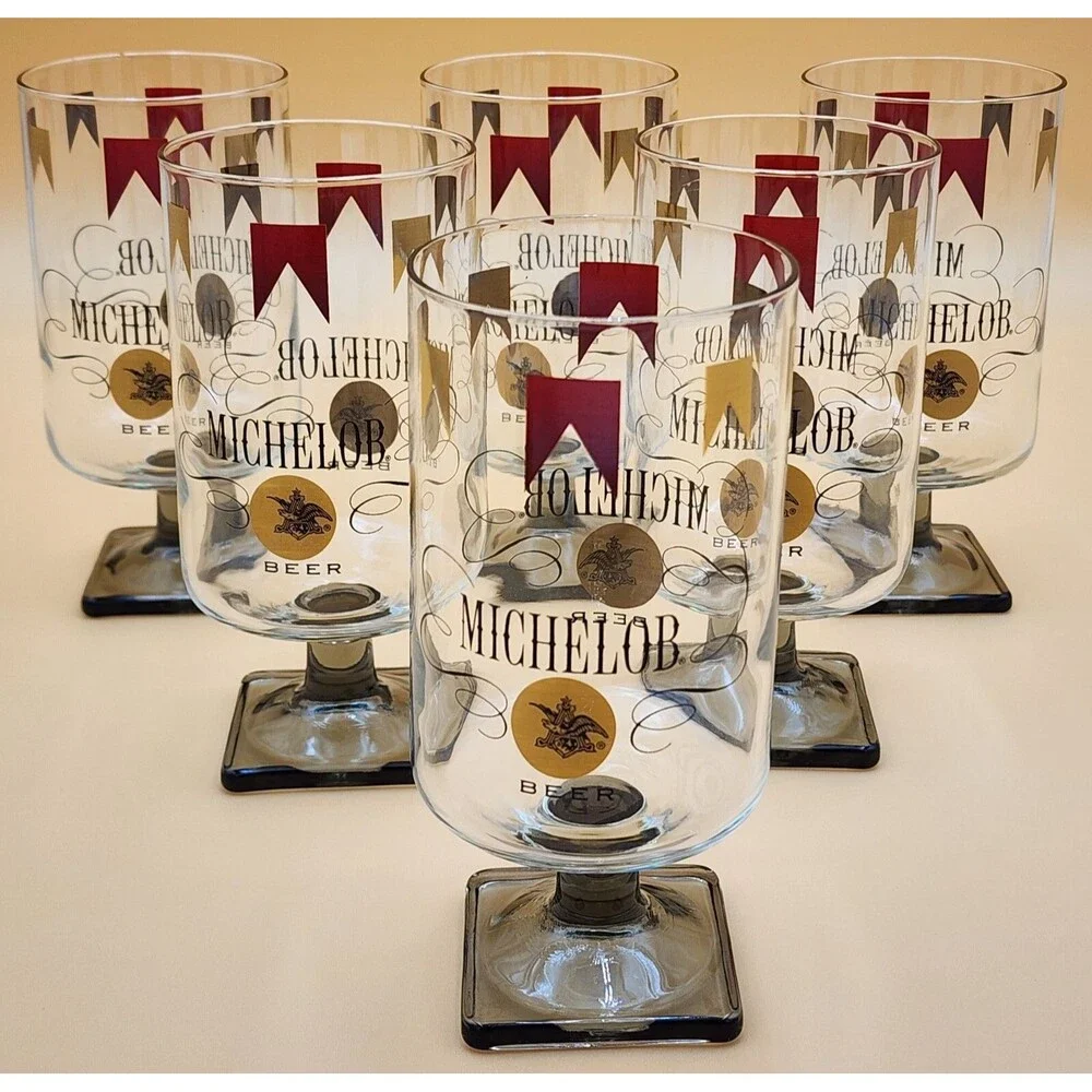 Set Of Six (6) Vintage Michelob Beer Glasses Square Footed Stem Base